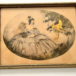 Antique Framed Art Print of Girl in Blue Dress With Bird in Tree